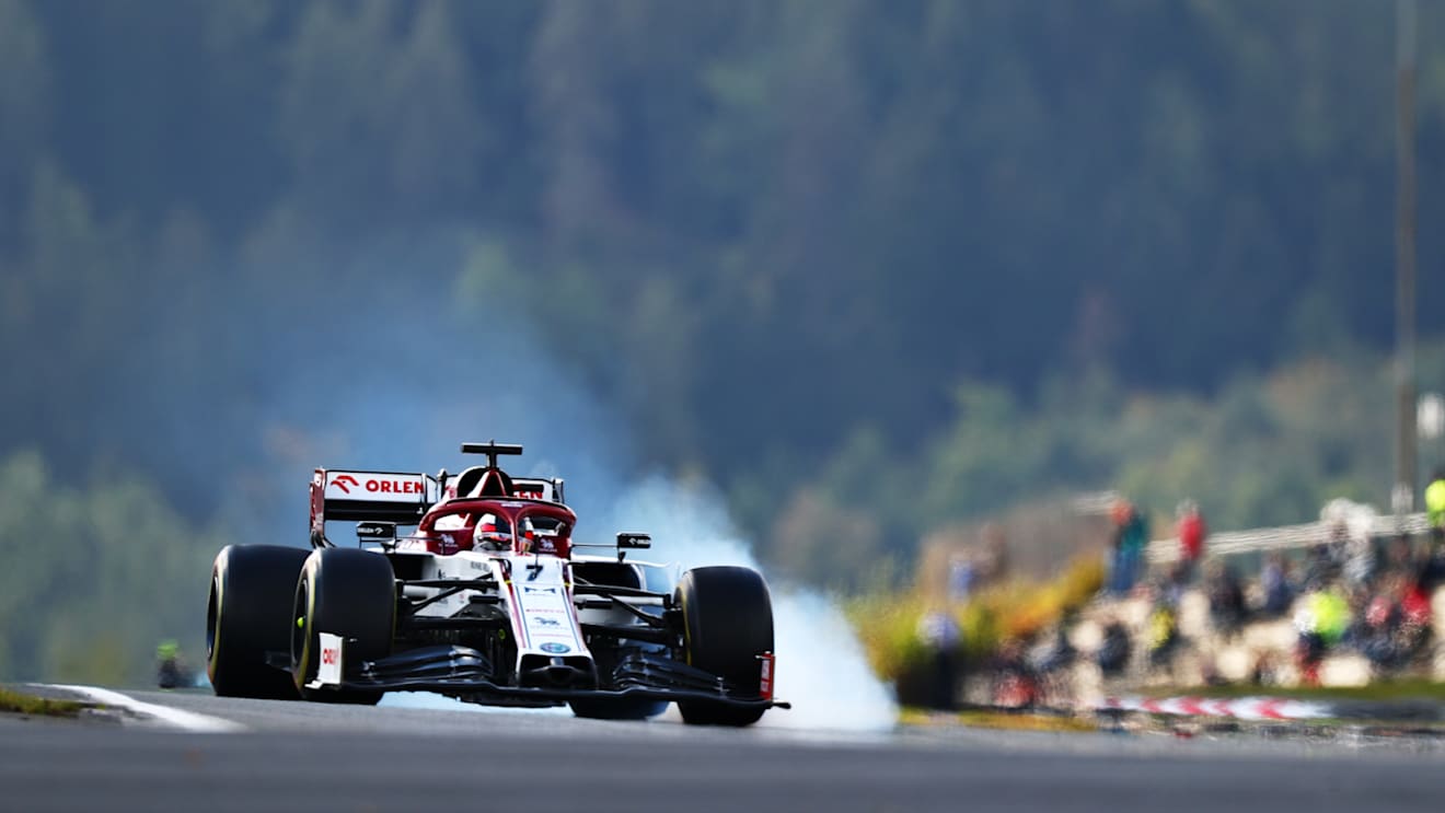 NUERBURG, GERMANY - OCTOBER 10: Kimi Raikkonen of Finland driving the (7) Alfa Romeo Racing C39 Ferrari during final practice ahead of the F1 Eifel Grand Prix at Nuerburgring on October 10, 2020 in Nuerburg, Germany. (Photo by Dan Istitene - Formula 1/Formula 1 via Getty Images)