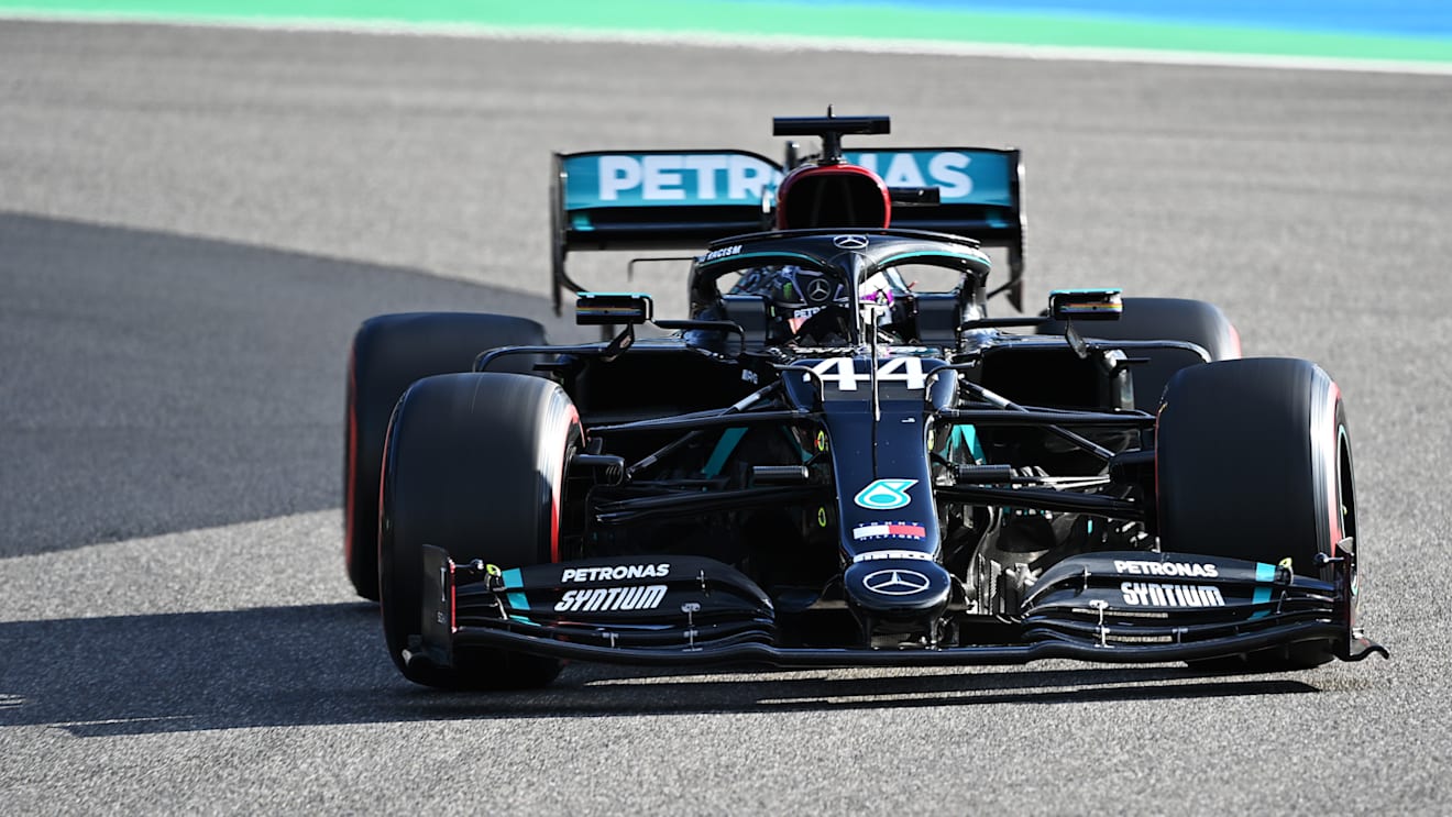 NUERBURG, GERMANY - OCTOBER 10: Lewis Hamilton of Great Britain driving the (44) Mercedes AMG Petronas F1 Team Mercedes W11 on track during qualifying ahead of the F1 Eifel Grand Prix at Nuerburgring on October 10, 2020 in Nuerburg, Germany. (Photo by Ina Fassbender - Pool/Getty Images)
