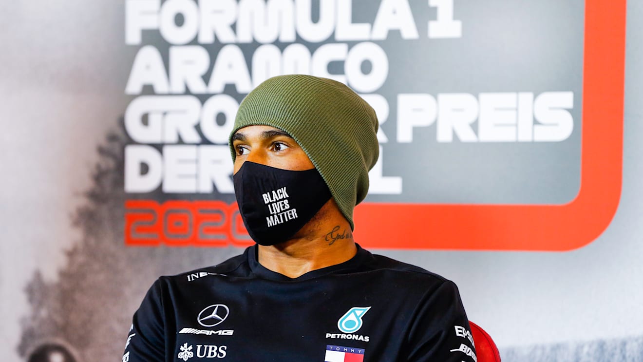 NUERBURG, GERMANY - OCTOBER 10: Second place qualifier Lewis Hamilton of Great Britain and Mercedes GP talks in a press conference after qualifying ahead of the F1 Eifel Grand Prix at Nuerburgring on October 10, 2020 in Nuerburg, Germany. (Photo by Antonin Vincent - Pool/Getty Images)