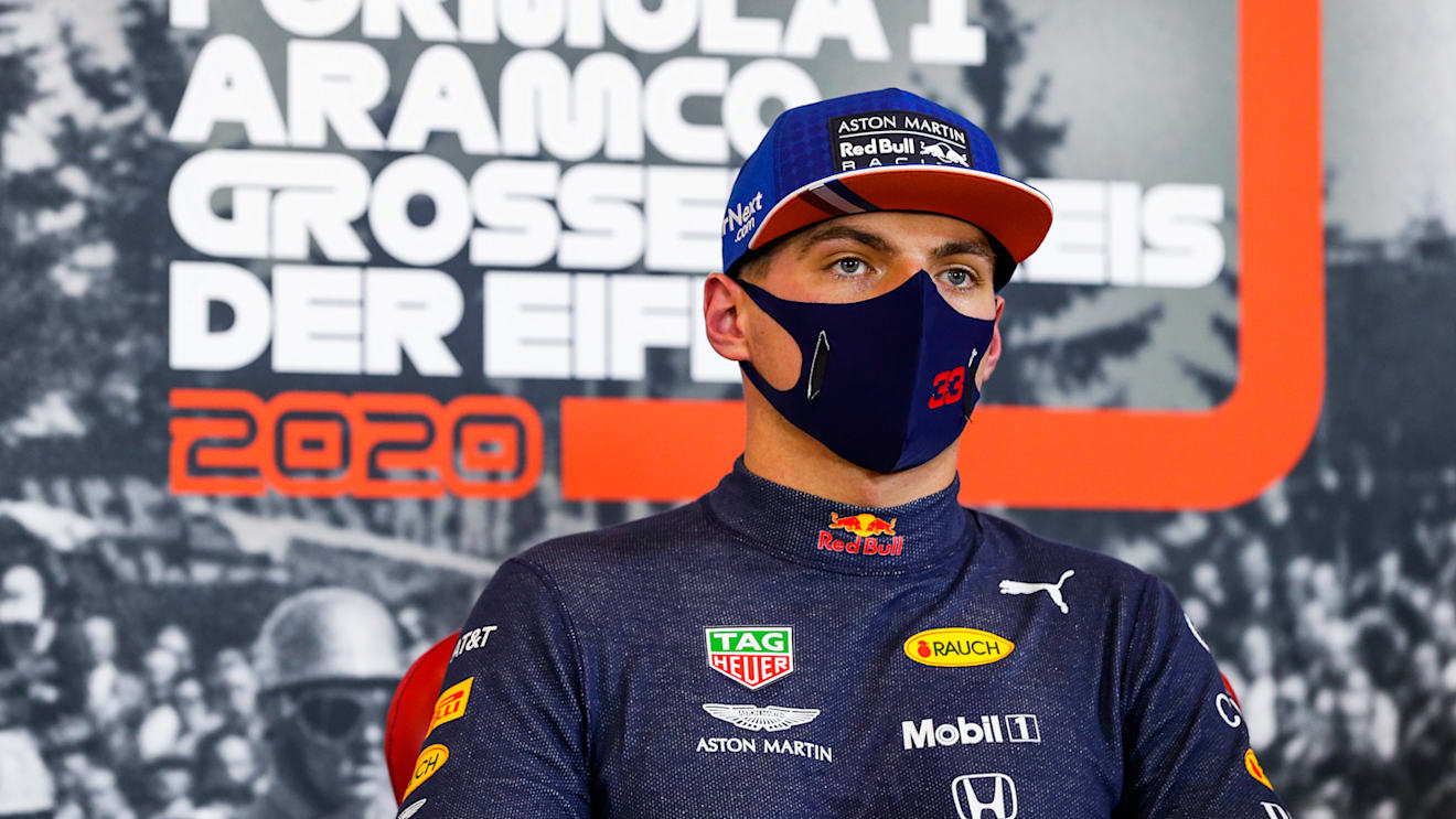 NUERBURG, GERMANY - OCTOBER 10: Third place qualifier Max Verstappen of Netherlands and Red Bull Racing talk in a press conference after qualifying ahead of the F1 Eifel Grand Prix at Nuerburgring on October 10, 2020 in Nuerburg, Germany. (Photo by Antonin Vincent - Pool/Getty Images)