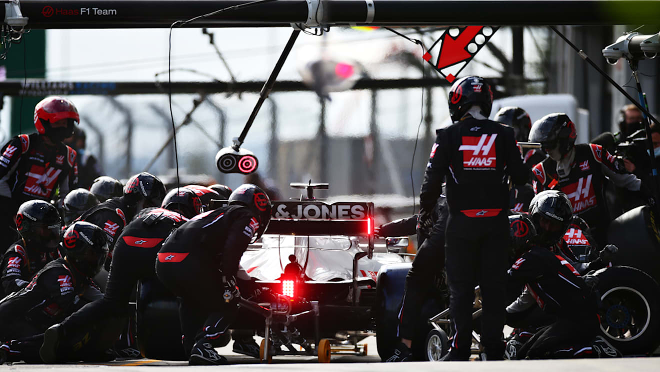 NUERBURG, GERMANY - OCTOBER 11: Romain Grosjean of France driving the (8) Haas F1 Team VF-20 Ferrari makes a pitstop during the F1 Eifel Grand Prix at Nuerburgring on October 11, 2020 in Nuerburg, Germany. (Photo by Peter Fox/Getty Images)
