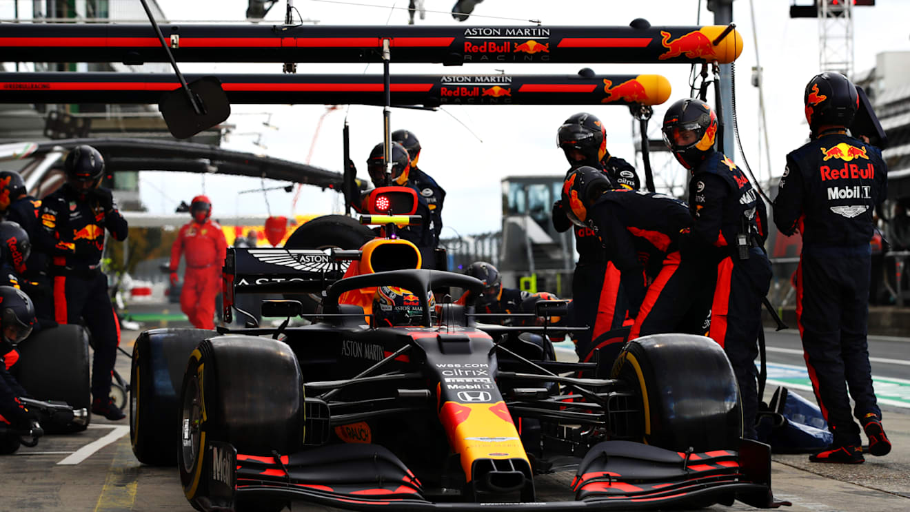 NUERBURG, GERMANY - OCTOBER 11: Alexander Albon of Thailand driving the (23) Aston Martin Red Bull Racing RB16 comes in for a tyre change during the F1 Eifel Grand Prix at Nuerburgring on October 11, 2020 in Nuerburg, Germany. (Photo by Mark Thompson/Getty Images)