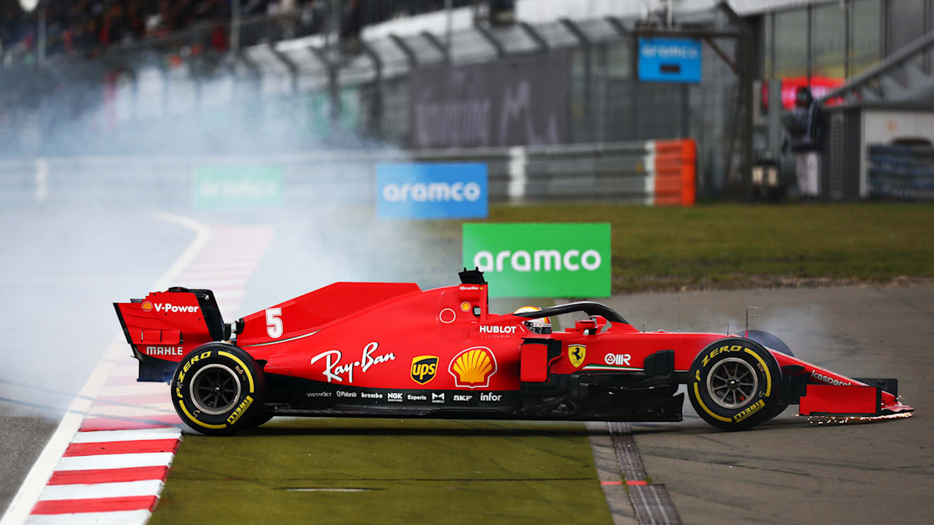 NUERBURG, GERMANY - OCTOBER 11: Sebastian Vettel of Germany driving the (5) Scuderia Ferrari SF1000 runs wide during the F1 Eifel Grand Prix at Nuerburgring on October 11, 2020 in Nuerburg, Germany. (Photo by Dan Istitene - Formula 1/Formula 1 via Getty Images)