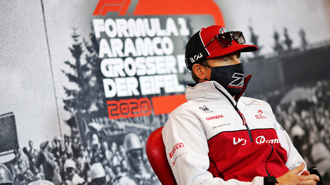 NUERBURG, GERMANY - OCTOBER 08: Kimi Raikkonen of Finland and Alfa Romeo Racing talks in the Drivers Press Conference during previews ahead of the F1 Eifel Grand Prix at Nuerburgring on October 08, 2020 in Nuerburg, Germany. (Photo by XPB - Pool/Getty Images)