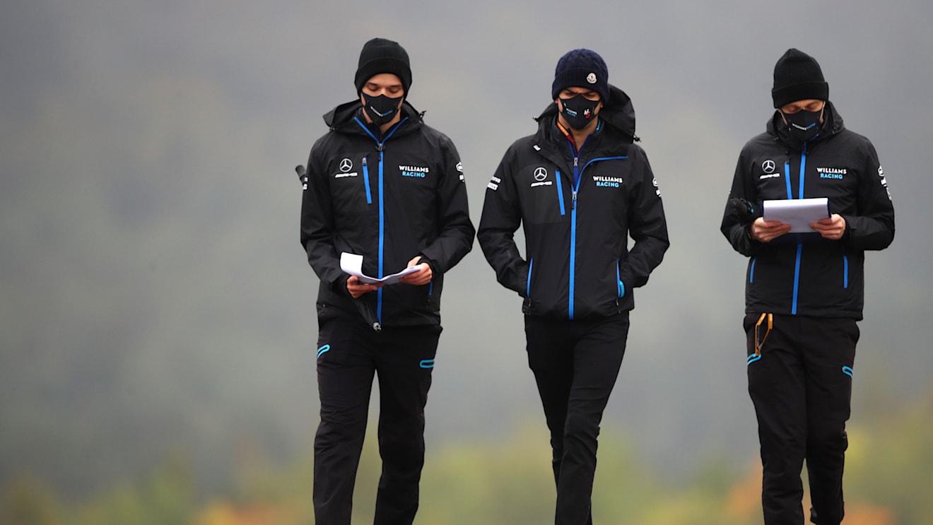 NUERBURG, GERMANY - OCTOBER 08: Nicholas Latifi of Canada and Williams walks the track during previews ahead of the F1 Eifel Grand Prix at Nuerburgring on October 08, 2020 in Nuerburg, Germany. (Photo by Bryn Lennon/Getty Images)
