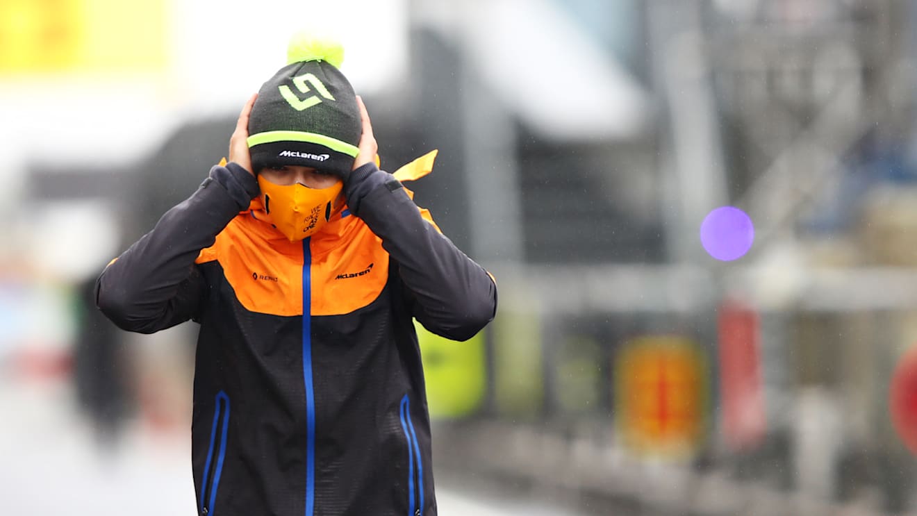 NUERBURG, GERMANY - OCTOBER 08: Lando Norris of Great Britain and McLaren F1 walks the track during previews ahead of the F1 Eifel Grand Prix at Nuerburgring on October 08, 2020 in Nuerburg, Germany. (Photo by Mark Thompson/Getty Images)