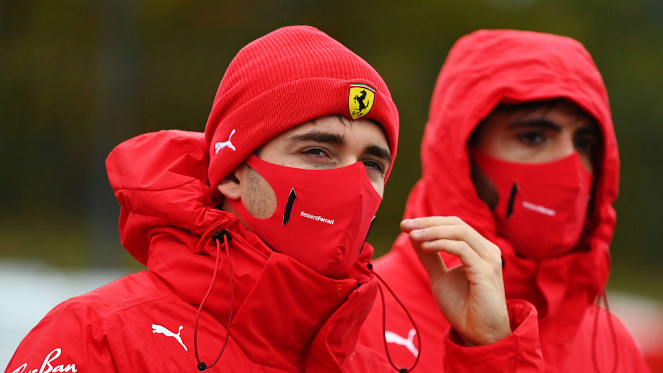 NUERBURG, GERMANY - OCTOBER 08: Charles Leclerc of Monaco and Ferrari walks the track with his team during previews ahead of the F1 Eifel Grand Prix at Nuerburgring on October 08, 2020 in Nuerburg, Germany. (Photo by Clive Mason - Formula 1/Formula 1 via Getty Images)