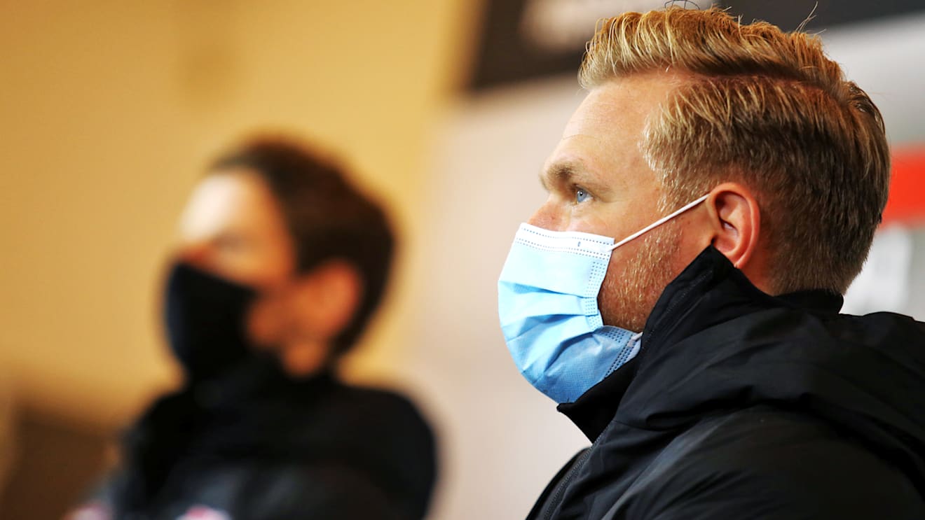 NUERBURG, GERMANY - OCTOBER 08: Kevin Magnussen of Denmark and Haas F1 talks in the Drivers Press Conference during previews ahead of the F1 Eifel Grand Prix at Nuerburgring on October 08, 2020 in Nuerburg, Germany. (Photo by XPB - Pool/Getty Images)
