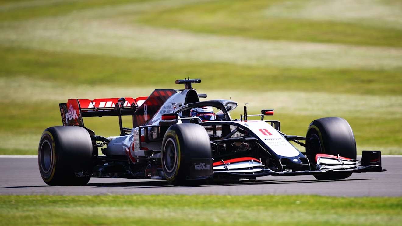 NORTHAMPTON, ENGLAND - JULY 31: Romain Grosjean of France driving the (8) Haas F1 Team VF-20 Ferrari on track during practice for the F1 Grand Prix of Great Britain at Silverstone on July 31, 2020 in Northampton, England. (Photo by Bryn Lennon/Getty Images)