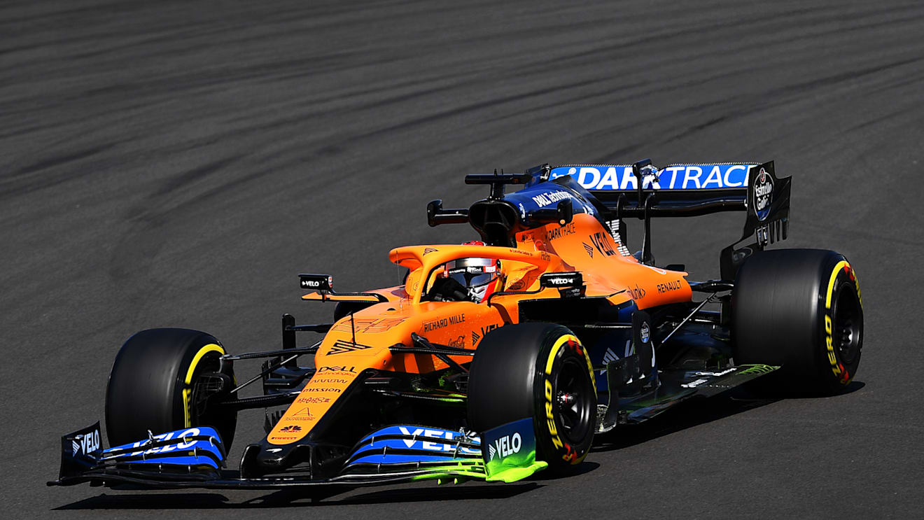 NORTHAMPTON, ENGLAND - JULY 31: Carlos Sainz of Spain driving the (55) McLaren F1 Team MCL35 Renault on track during practice for the F1 Grand Prix of Great Britain at Silverstone on July 31, 2020 in Northampton, England. (Photo by Ben Stansall/Pool via Getty Images)