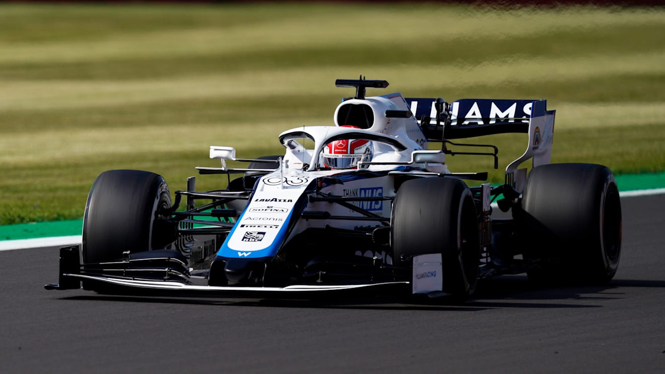 NORTHAMPTON, ENGLAND - JULY 31: George Russell of Great Britain driving the (63) Williams Racing FW43 Mercedes on track during practice for the F1 Grand Prix of Great Britain at Silverstone on July 31, 2020 in Northampton, England. (Photo by Will Oliver/Pool via Getty Images)