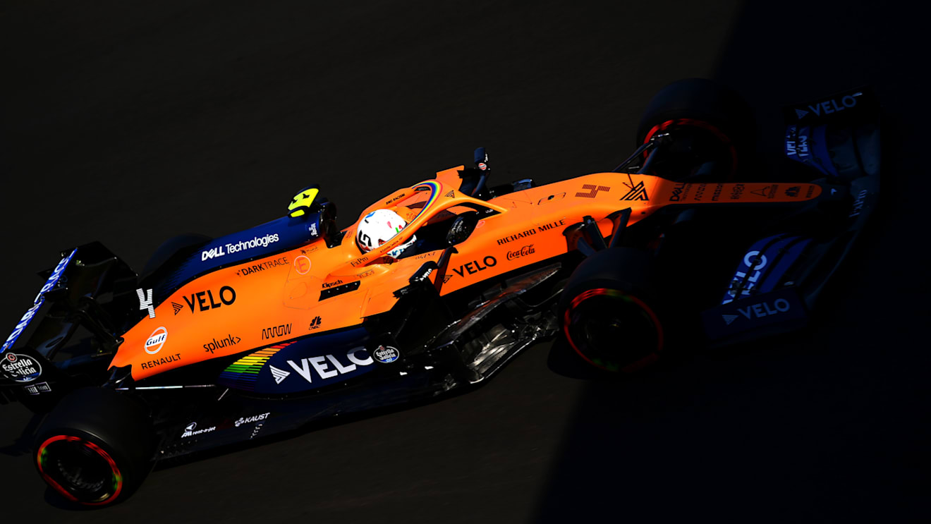 NORTHAMPTON, ENGLAND - JULY 31: Lando Norris of Great Britain driving the (4) McLaren F1 Team MCL35 Renault on track during practice for the F1 Grand Prix of Great Britain at Silverstone on July 31, 2020 in Northampton, England. (Photo by Mario Renzi - Formula 1/Formula 1 via Getty Images)