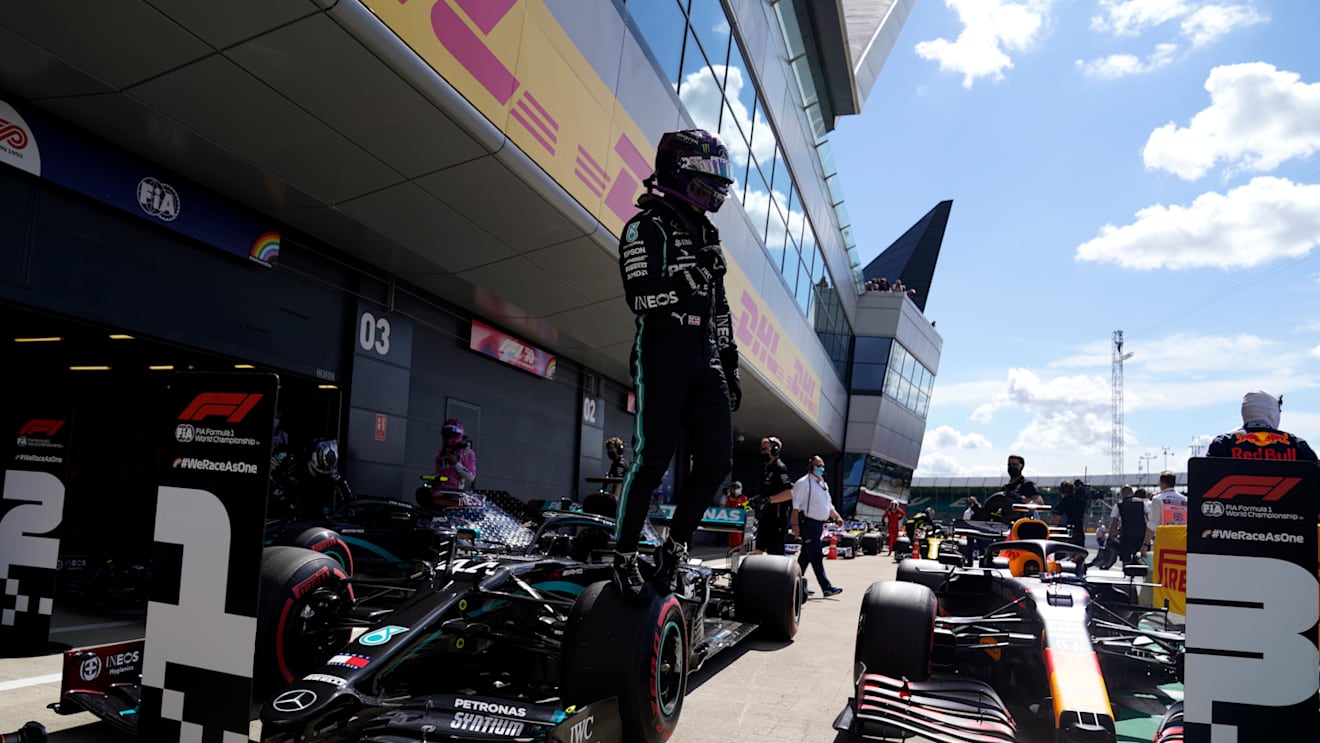 NORTHAMPTON, ENGLAND - AUGUST 01: Pole position qualifier Lewis Hamilton of Great Britain and Mercedes GP celebrates in parc ferme during qualifying for the F1 Grand Prix of Great Britain at Silverstone on August 01, 2020 in Northampton, England. (Photo by Will Oliver/Pool via Getty Images)