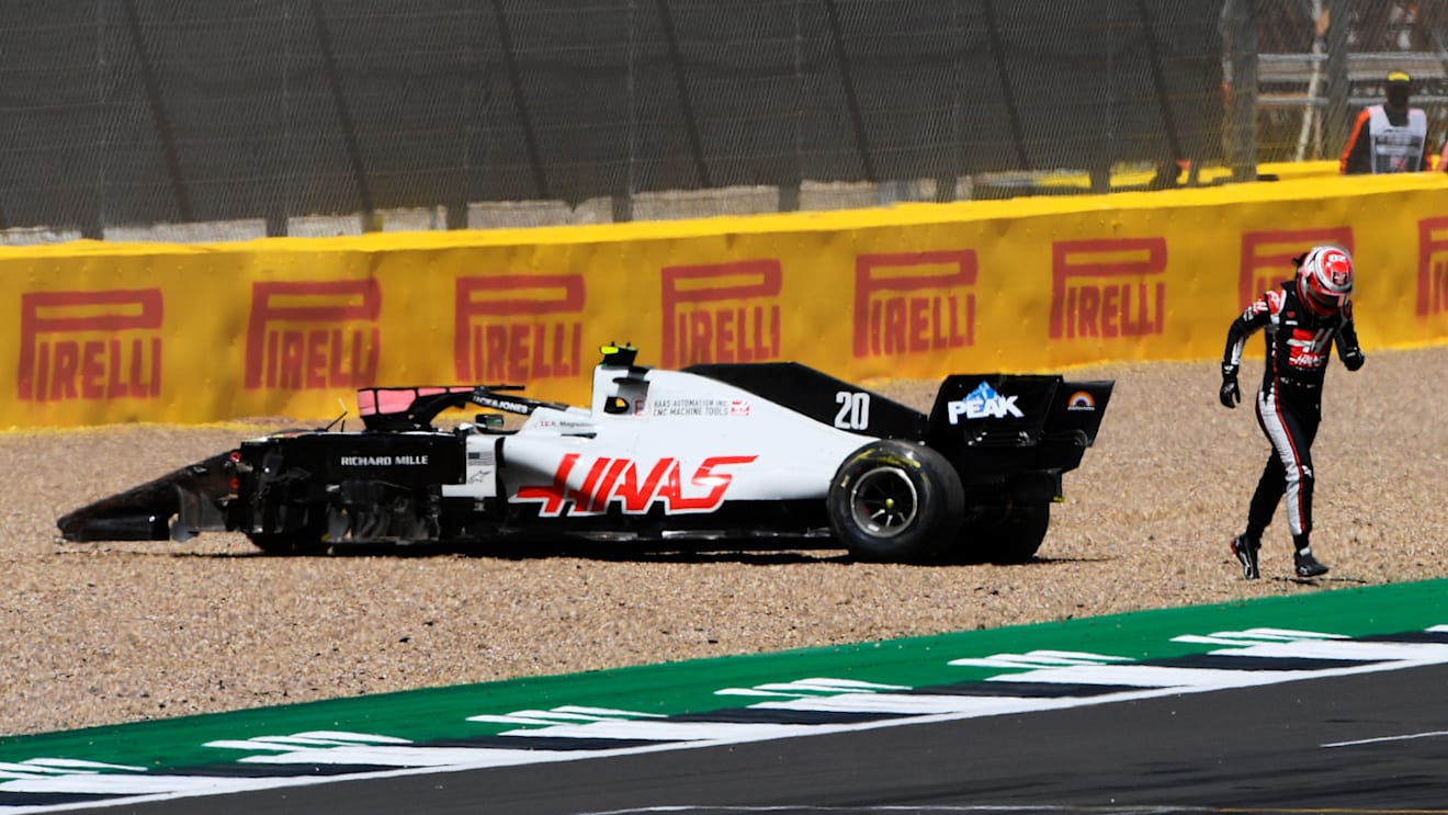 NORTHAMPTON, ENGLAND - AUGUST 02:  Kevin Magnussen of Denmark driving the (20) Haas F1 Team VF-20 Ferrari leaves his car after spinning off during the F1 Grand Prix of Great Britain at Silverstone on August 02, 2020 in Northampton, England. (Photo by Rudy Carezzevoli/Getty Images)