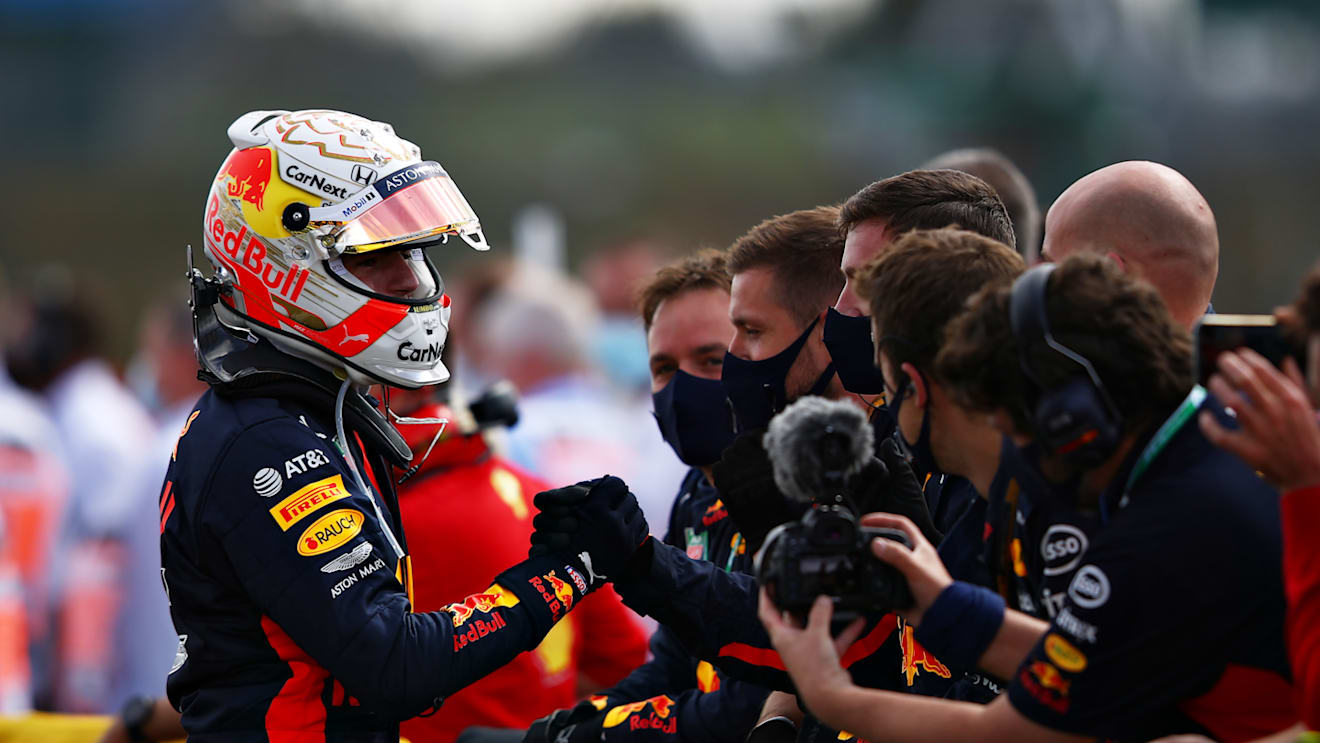 NORTHAMPTON, ENGLAND - AUGUST 02: Second placed Max Verstappen of Netherlands and Red Bull Racing celebrates in parc ferme during the F1 Grand Prix of Great Britain at Silverstone on August 02, 2020 in Northampton, England. (Photo by Mark Thompson/Getty Images)