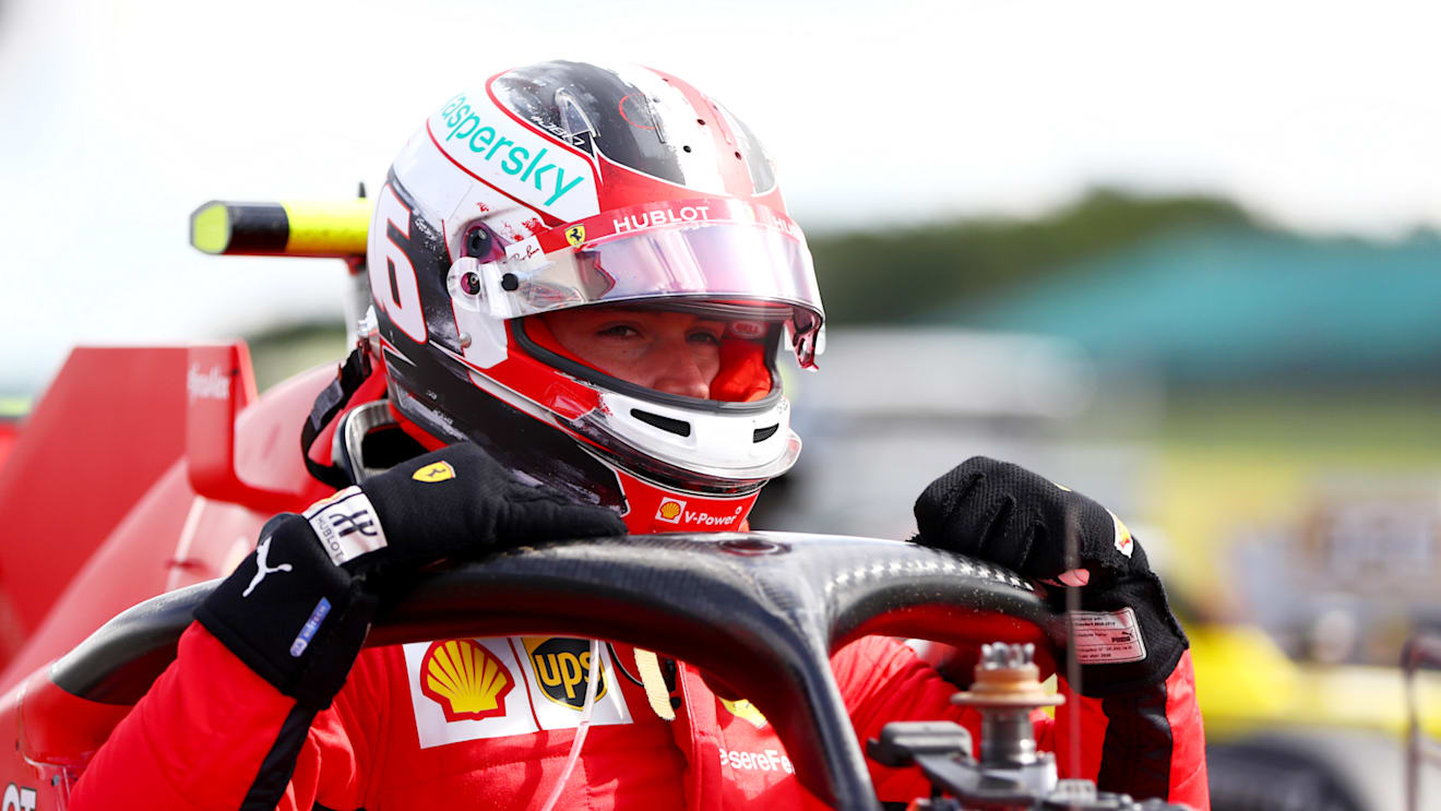 NORTHAMPTON, ENGLAND - AUGUST 02:  Charles Leclerc of Monaco and Ferrari climbs out of his car in parc ferme during the Formula One Grand Prix of Hungary at Silverstone on August 02, 2020 in Northampton, England. (Photo by Dan Istitene - Formula 1/Formula 1 via Getty Images)