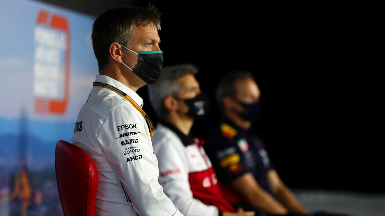 BUDAPEST, HUNGARY - JULY 17: James Allison, Technical Director at Mercedes GP talks in the Team Principals Press Conference during practice for the F1 Grand Prix of Hungary at Hungaroring on July 17, 2020 in Budapest, Hungary. (Photo by Dan Istitene - Formula 1/Formula 1 via Getty Images)