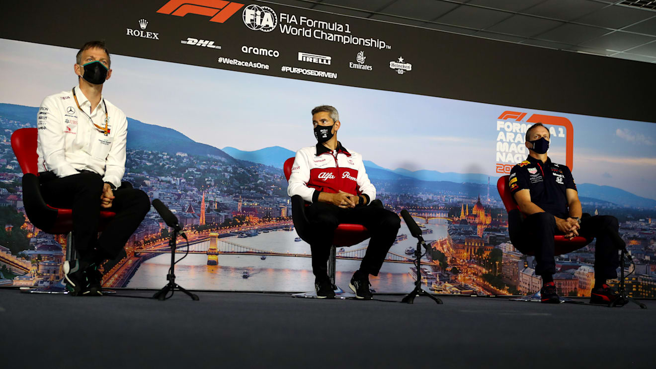 BUDAPEST, HUNGARY - JULY 17: (L-R) James Allison, Technical Director at Mercedes GP, Xevi Pujolar, Head of Track Engineering at Alfa Romeo Racing and Red Bull Racing Head of Car Engineering Paul Monaghan talk in the Team Principals Press Conference during practice for the F1 Grand Prix of Hungary at Hungaroring on July 17, 2020 in Budapest, Hungary. (Photo by Dan Istitene - Formula 1/Formula 1 via Getty Images)
