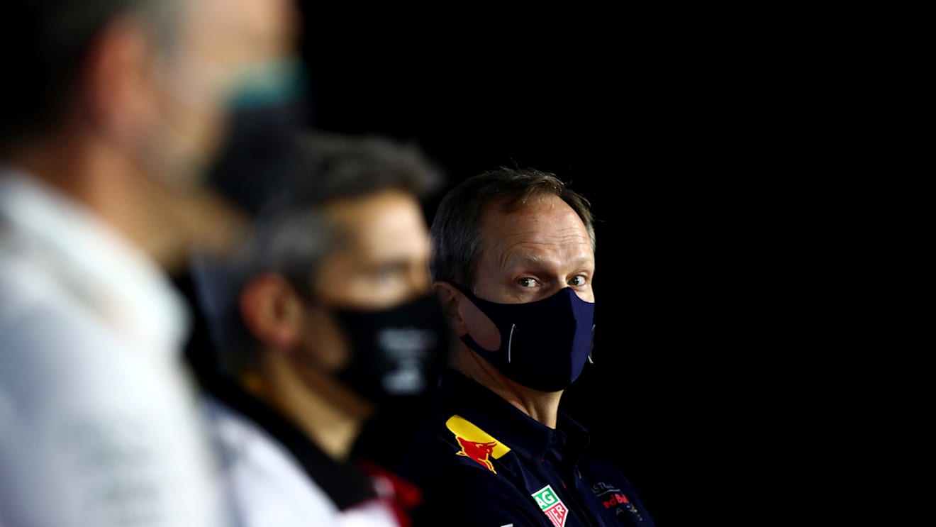 BUDAPEST, HUNGARY - JULY 17: (L-R) James Allison, Technical Director at Mercedes GP, Xevi Pujolar, Head of Track Engineering at Alfa Romeo Racing and Red Bull Racing Head of Car Engineering Paul Monaghan talk in the Team Principals Press Conference during practice for the F1 Grand Prix of Hungary at Hungaroring on July 17, 2020 in Budapest, Hungary. (Photo by Dan Istitene - Formula 1/Formula 1 via Getty Images)