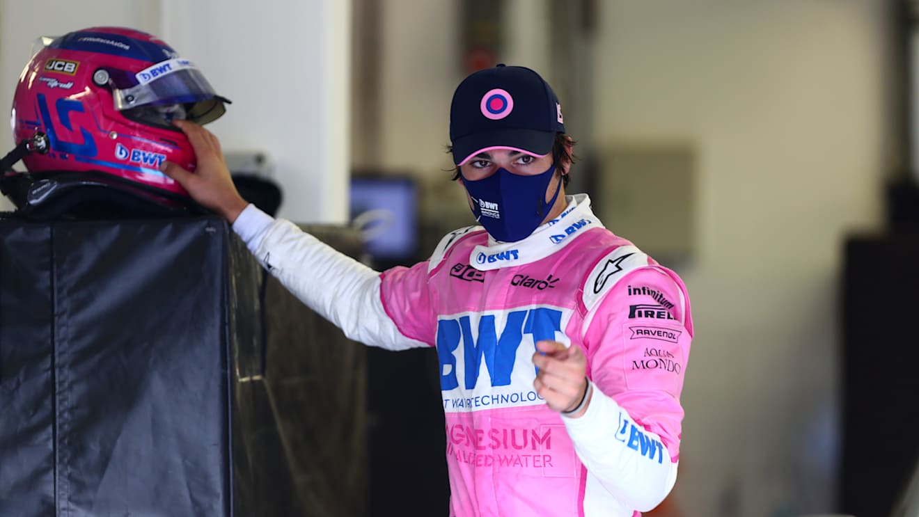 BUDAPEST, HUNGARY - JULY 18: Third place qualifier Lance Stroll of Canada and Racing Point celebrates in parc ferme during qualifying for the F1 Grand Prix of Hungary at Hungaroring on July 18, 2020 in Budapest, Hungary. (Photo by Dan Istitene - Formula 1/Formula 1 via Getty Images)