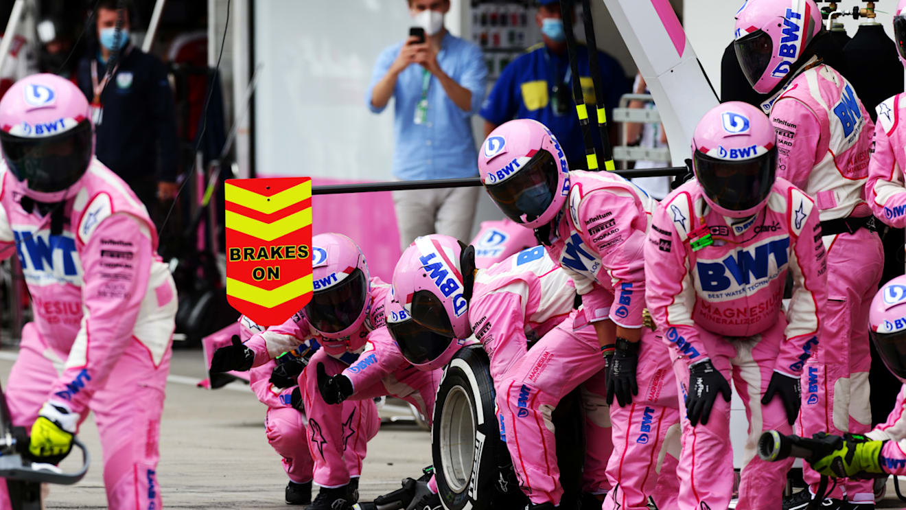 BUDAPEST, HUNGARY - JULY 19: Racing Point team members prepare for a pit stop during the Formula One Grand Prix of Hungary at Hungaroring on July 19, 2020 in Budapest, Hungary. (Photo by Peter Fox/Getty Images)