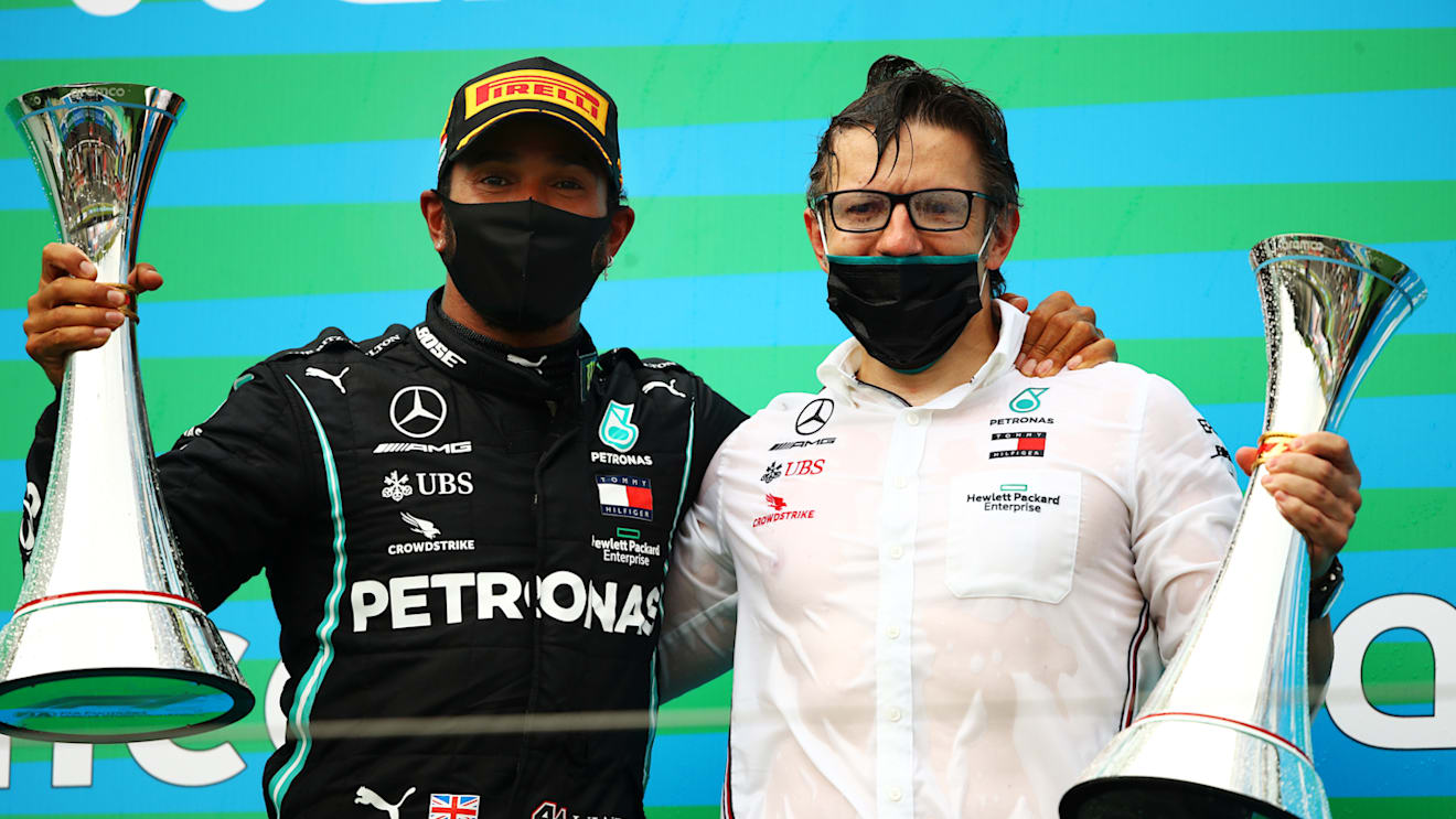 BUDAPEST, HUNGARY - JULY 19: Lewis Hamilton of Great Britain and Mercedes GP celebrates with race engineer Peter Bonnington after the Formula One Grand Prix of Hungary at Hungaroring on July 19, 2020 in Budapest, Hungary. (Photo by Bryn Lennon/Getty Images)