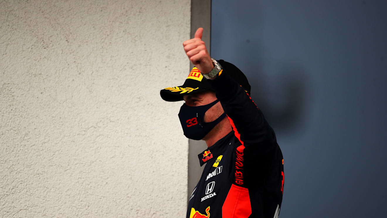BUDAPEST, HUNGARY - JULY 19: Second placed Max Verstappen of Netherlands and Red Bull Racing walks to the podium during the Formula One Grand Prix of Hungary at Hungaroring on July 19, 2020 in Budapest, Hungary. (Photo by Bryn Lennon/Getty Images)
