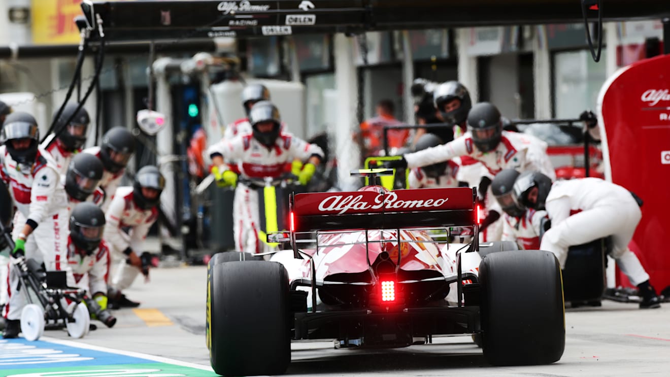 BUDAPEST, HUNGARY - JULY 19: Antonio Giovinazzi of Italy driving the (99) Alfa Romeo Racing C39 Ferrari comes in for a tyre change during the Formula One Grand Prix of Hungary at Hungaroring on July 19, 2020 in Budapest, Hungary. (Photo by Peter Fox/Getty Images)