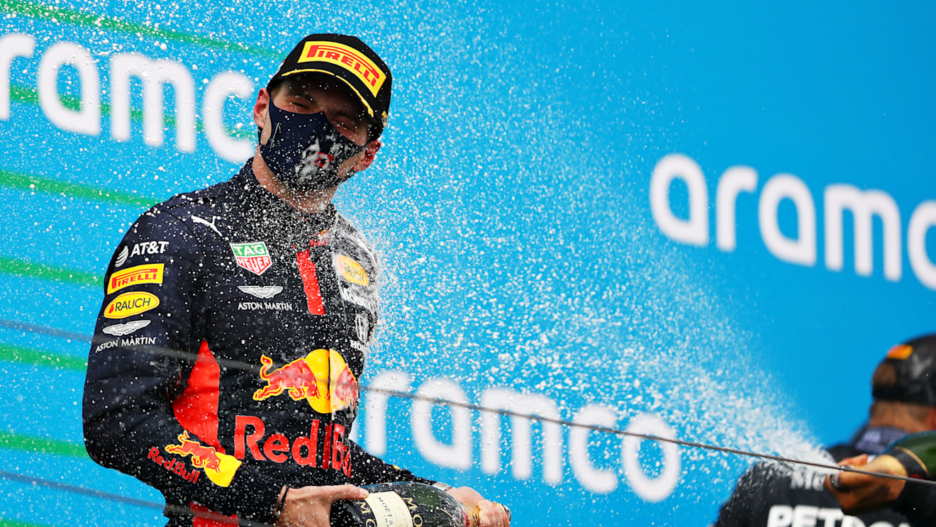 BUDAPEST, HUNGARY - JULY 19: Second placed Max Verstappen of Netherlands and Red Bull Racing celebrates on the podium during the Formula One Grand Prix of Hungary at Hungaroring on July 19, 2020 in Budapest, Hungary. (Photo by Getty Images/Getty Images)