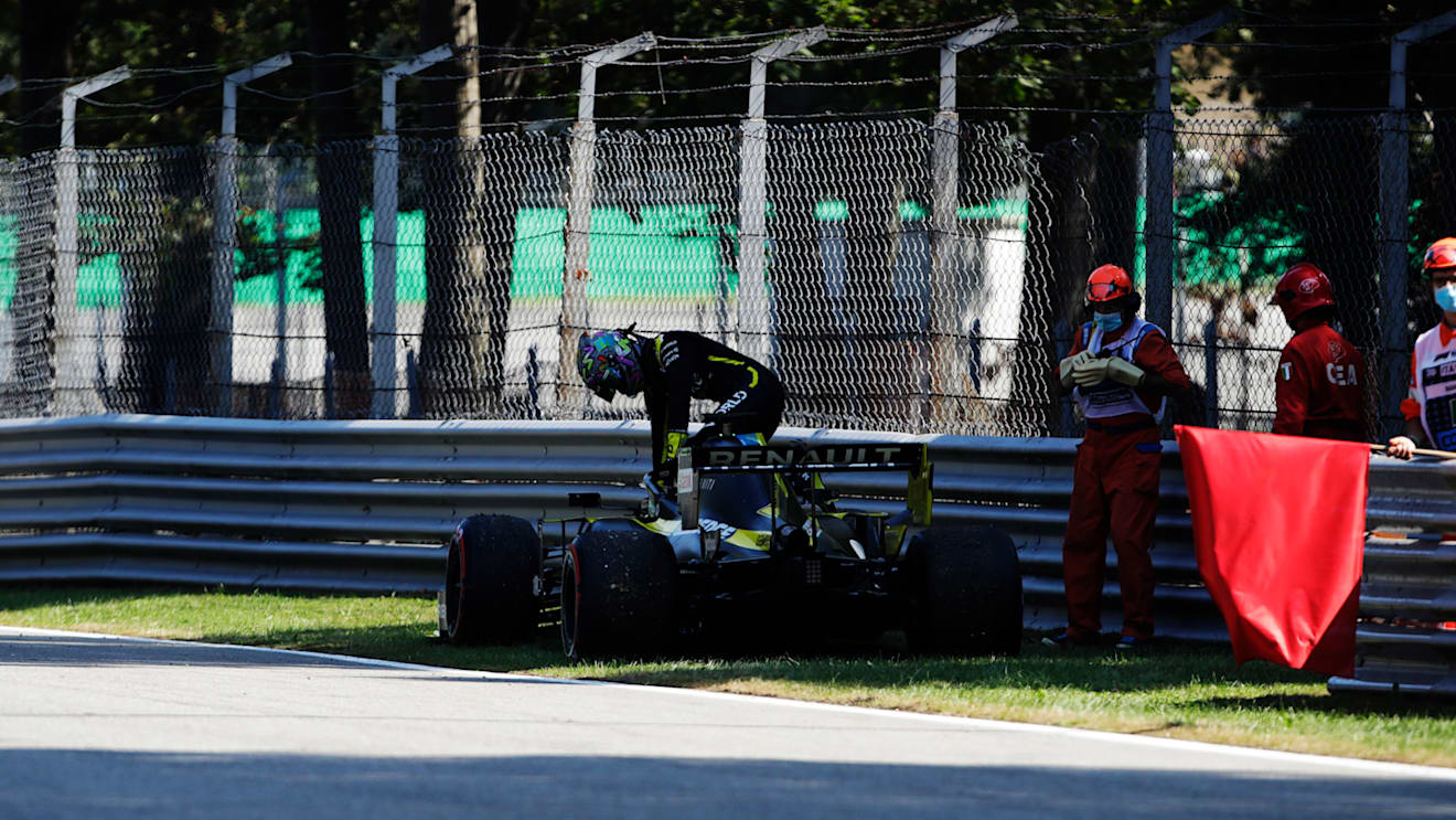 MONZA, ITALY - SEPTEMBER 05: Daniel Ricciardo of Australia and Renault Sport F1 exits his car after breaking down during final practice for the F1 Grand Prix of Italy at Autodromo di Monza on September 05, 2020 in Monza, Italy. (Photo by Luca Bruno - Pool/Getty Images)