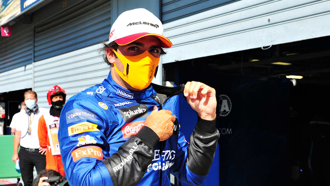 MONZA, ITALY - SEPTEMBER 05: Third place qualifier Carlos Sainz of Spain and McLaren F1 looks on in parc ferme during qualifying for the F1 Grand Prix of Italy at Autodromo di Monza on September 05, 2020 in Monza, Italy. (Photo by Jenifer Lorenzini - Pool/Getty Images)