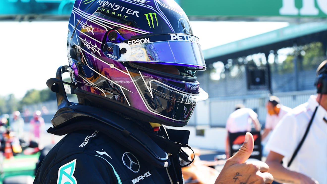 MONZA, ITALY - SEPTEMBER 05: Pole position qualifier Lewis Hamilton of Great Britain and Mercedes GP celebrates in parc ferme during qualifying for the F1 Grand Prix of Italy at Autodromo di Monza on September 05, 2020 in Monza, Italy. (Photo by Jenifer Lorenzini - Pool/Getty Images)