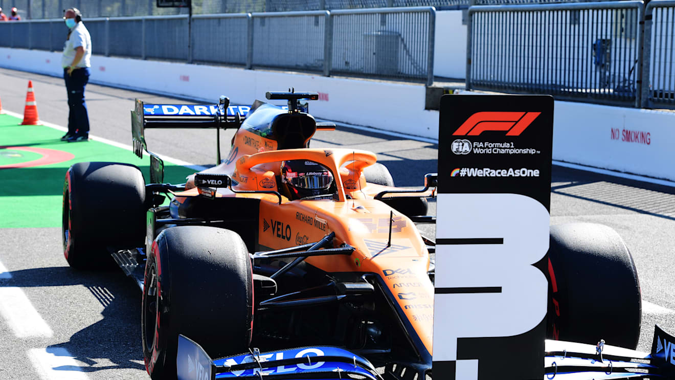 MONZA, ITALY - SEPTEMBER 05: Third placed qualifier Carlos Sainz of Spain driving the (55) McLaren F1 Team MCL35 Renault stops in parc ferme after qualifying for the F1 Grand Prix of Italy at Autodromo di Monza on September 05, 2020 in Monza, Italy. (Photo by Jenifer Lorenzini - Pool/Getty Images)