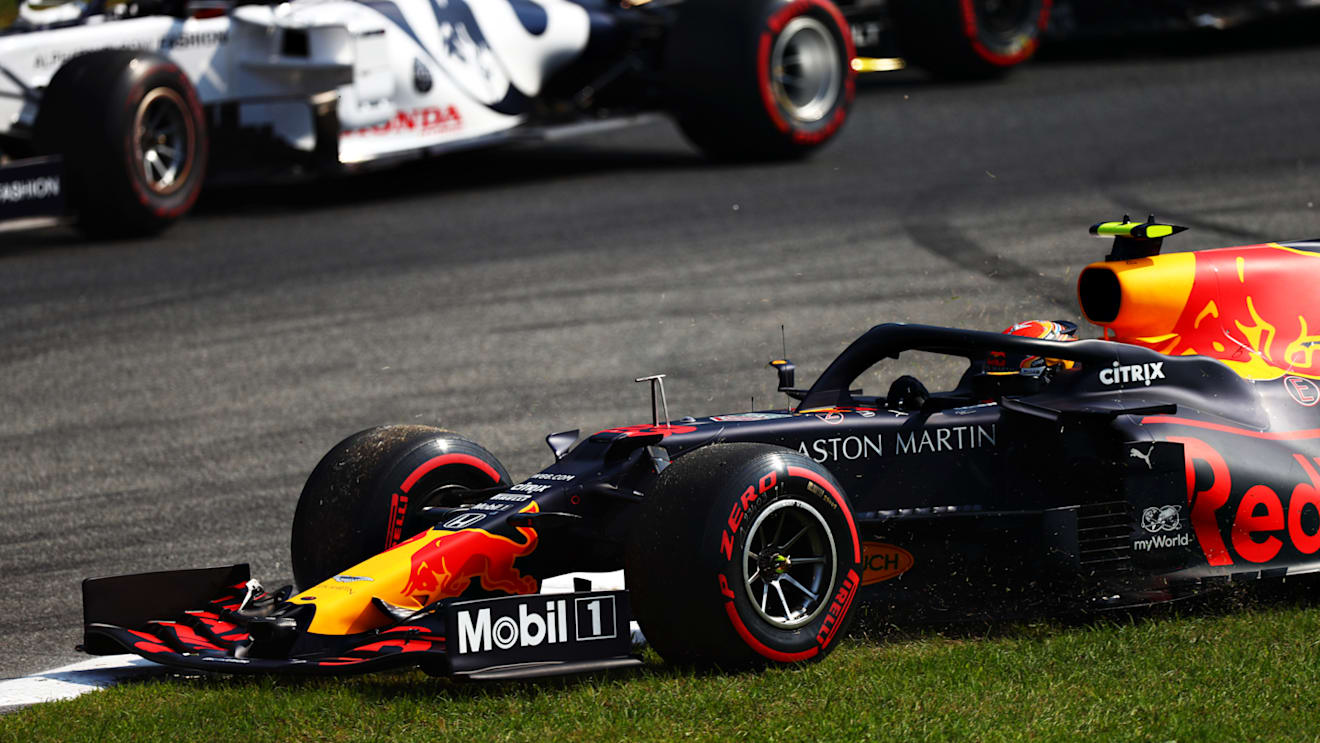 MONZA, ITALY - SEPTEMBER 06: Alexander Albon of Thailand driving the (23) Aston Martin Red Bull Racing RB16 runs wide during the F1 Grand Prix of Italy at Autodromo di Monza on September 06, 2020 in Monza, Italy. (Photo by Dan Istitene - Formula 1/Formula 1 via Getty Images)
