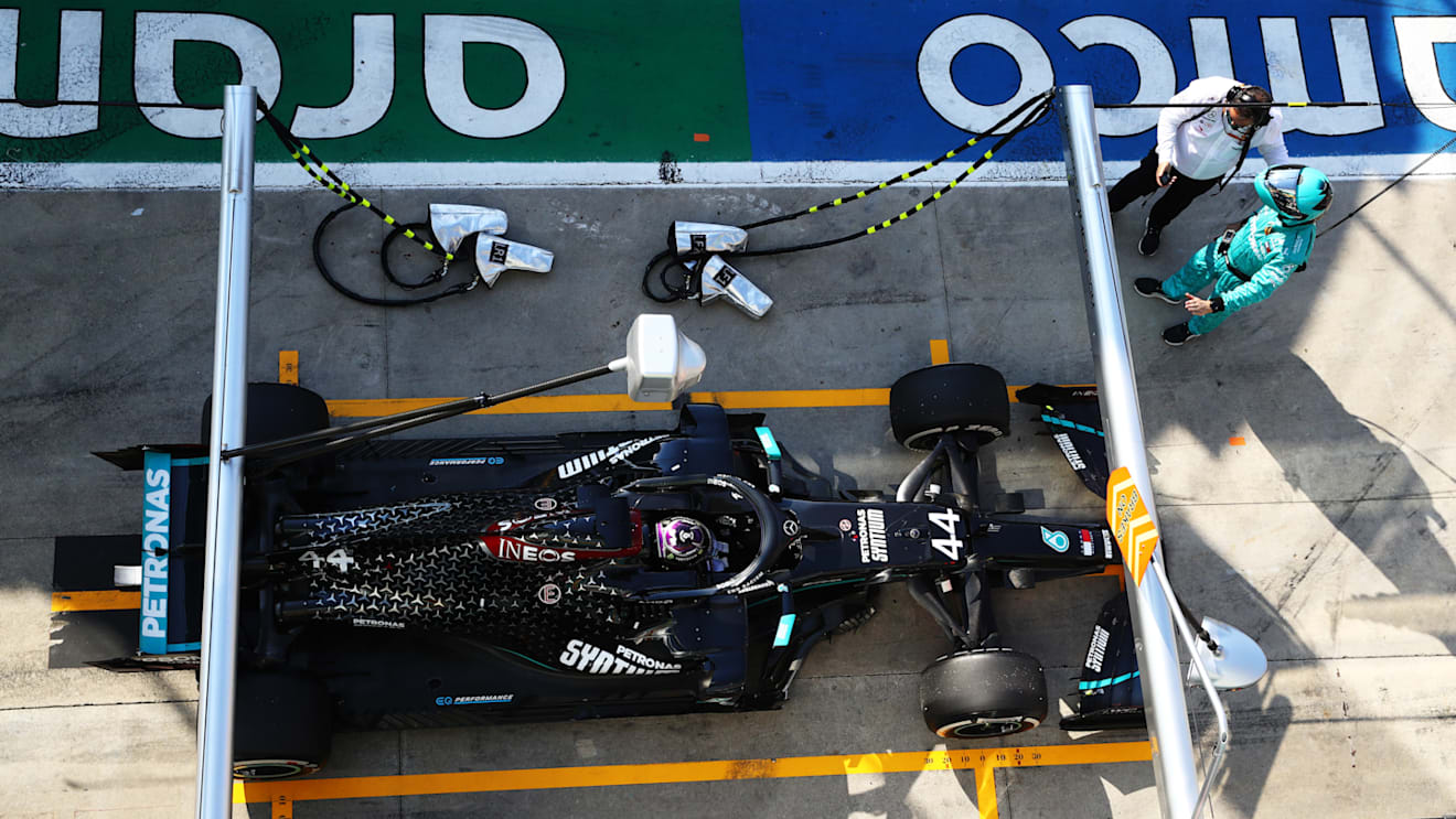 MONZA, ITALY - SEPTEMBER 06: Lewis Hamilton of Great Britain driving the (44) Mercedes AMG Petronas F1 Team Mercedes W11 stops in the Pitlane for a penalty during the F1 Grand Prix of Italy at Autodromo di Monza on September 06, 2020 in Monza, Italy. (Photo by Mark Thompson/Getty Images)