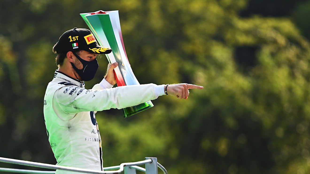 MONZA, ITALY - SEPTEMBER 06: Race winner Pierre Gasly of France and Scuderia AlphaTauri celebrates on the podium during the F1 Grand Prix of Italy at Autodromo di Monza on September 06, 2020 in Monza, Italy. (Photo by Clive Mason - Formula 1/Formula 1 via Getty Images)