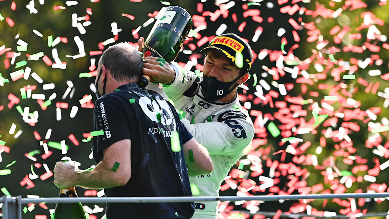 MONZA, ITALY - SEPTEMBER 06: Race winner Pierre Gasly of France and Scuderia AlphaTauri celebrates with Graham Watson, Team Manager of Scuderia AlphaTauri during the F1 Grand Prix of Italy at Autodromo di Monza on September 06, 2020 in Monza, Italy. (Photo by Clive Mason - Formula 1/Formula 1 via Getty Images)