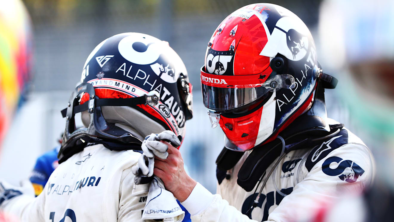MONZA, ITALY - SEPTEMBER 06: Race winner Pierre Gasly of France and Scuderia AlphaTauri celebrates with teammate Daniil Kvyat of Russia and Scuderia AlphaTauri during the F1 Grand Prix of Italy at Autodromo di Monza on September 06, 2020 in Monza, Italy. (Photo by Dan Istitene - Formula 1/Formula 1 via Getty Images)