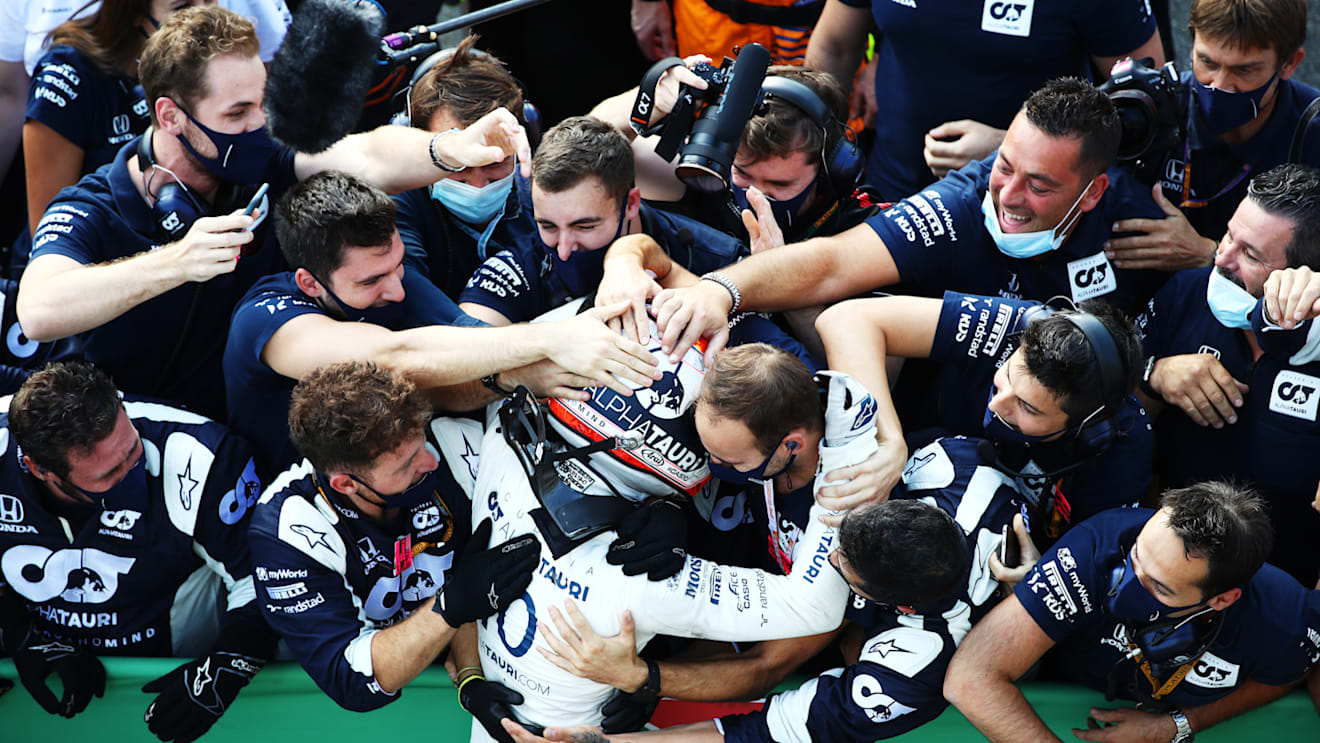 MONZA, ITALY - SEPTEMBER 06: Race winner Pierre Gasly of France and Scuderia AlphaTauri celebrates with teammates in parc ferme during the F1 Grand Prix of Italy at Autodromo di Monza on September 06, 2020 in Monza, Italy. (Photo by Mark Thompson/Getty Images)