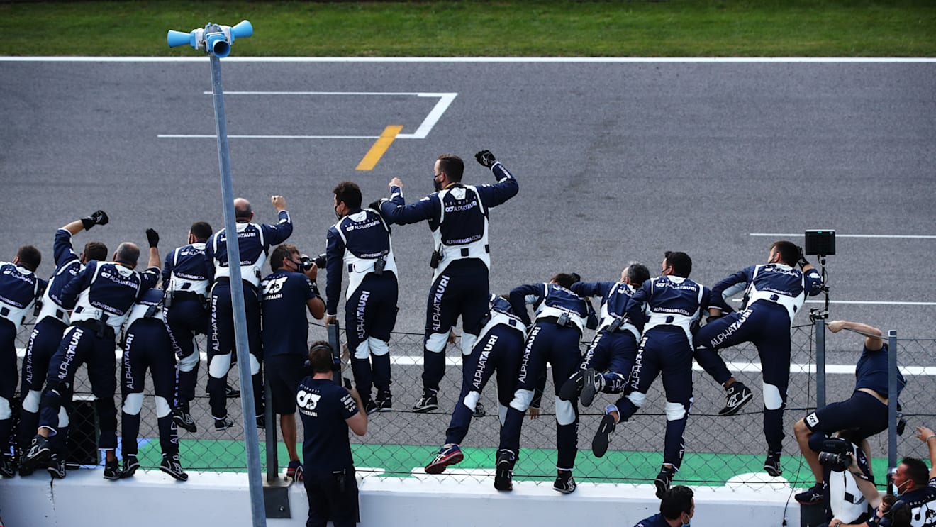 MONZA, ITALY - SEPTEMBER 06: Scuderia AlphaTauri team members celebrate during the F1 Grand Prix of Italy at Autodromo di Monza on September 06, 2020 in Monza, Italy. (Photo by Mark Thompson/Getty Images)