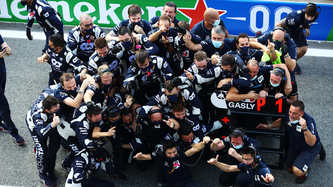 MONZA, ITALY - SEPTEMBER 06: Scuderia AlphaTauri team members celebrate during the F1 Grand Prix of Italy at Autodromo di Monza on September 06, 2020 in Monza, Italy. (Photo by Mark Thompson/Getty Images)