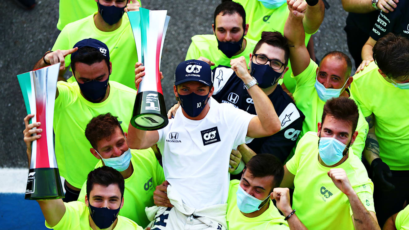 MONZA, ITALY - SEPTEMBER 06: Race winner Pierre Gasly of France and Scuderia AlphaTauri celebrates with team members during the F1 Grand Prix of Italy at Autodromo di Monza on September 06, 2020 in Monza, Italy. (Photo by Dan Istitene - Formula 1/Formula 1 via Getty Images)