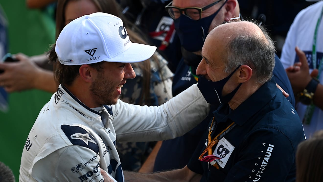 MONZA, ITALY - SEPTEMBER 06: Race winner Pierre Gasly of France and Scuderia AlphaTauri celebrates with Scuderia AlphaTauri Team Principal Franz Tost in parc ferme during the F1 Grand Prix of Italy at Autodromo di Monza on September 06, 2020 in Monza, Italy. (Photo by Clive Mason - Formula 1/Formula 1 via Getty Images)
