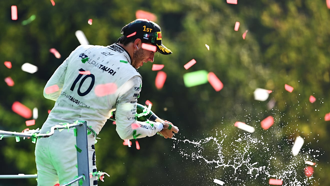MONZA, ITALY - SEPTEMBER 06: Race winner Pierre Gasly of France and Scuderia AlphaTauri celebrates on the podium during the F1 Grand Prix of Italy at Autodromo di Monza on September 06, 2020 in Monza, Italy. (Photo by Clive Mason - Formula 1/Formula 1 via Getty Images)