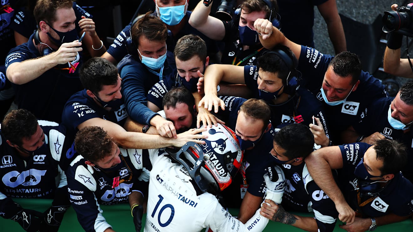 MONZA, ITALY - SEPTEMBER 06: Race winner Pierre Gasly of France and Scuderia AlphaTauri celebrates with team members in parc ferme during the F1 Grand Prix of Italy at Autodromo di Monza on September 06, 2020 in Monza, Italy. (Photo by Mark Thompson/Getty Images)