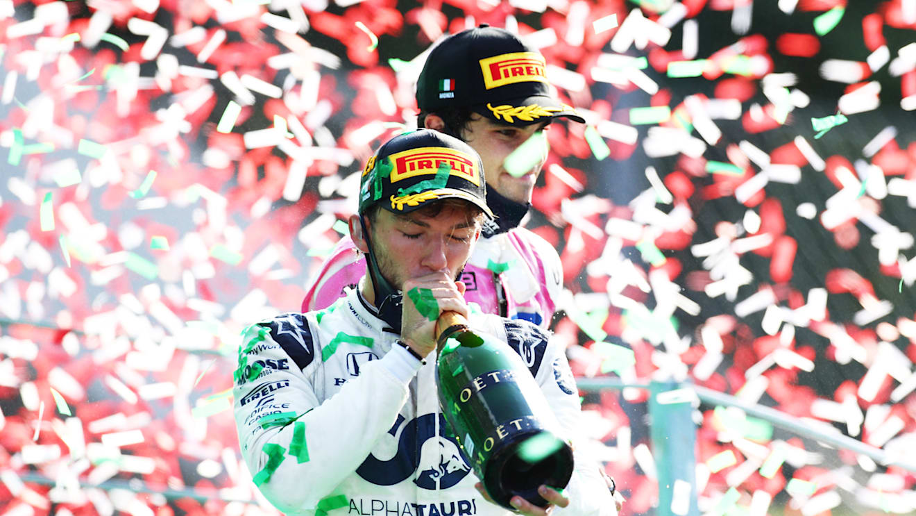 MONZA, ITALY - SEPTEMBER 06: Race winner Pierre Gasly of France and Scuderia AlphaTauri celebrates on the podium during the F1 Grand Prix of Italy at Autodromo di Monza on September 06, 2020 in Monza, Italy. (Photo by Mark Thompson/Getty Images)