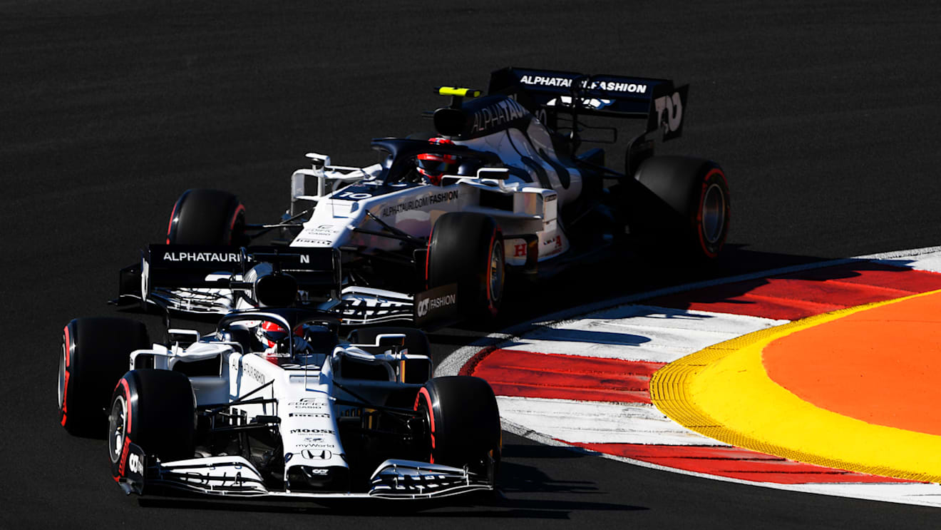 PORTIMAO, PORTUGAL - OCTOBER 24: Daniil Kvyat of Russia driving the (26) Scuderia AlphaTauri AT01 Honda leads Pierre Gasly of France driving the (10) Scuderia AlphaTauri AT01 Honda during final practice ahead of the F1 Grand Prix of Portugal at Autodromo Internacional do Algarve on October 24, 2020 in Portimao, Portugal. (Photo by Rudy Carezzevoli/Getty Images)