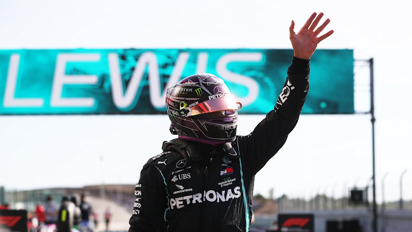 PORTIMAO, PORTUGAL - OCTOBER 24: Pole position qualifier Lewis Hamilton of Great Britain and Mercedes GP celebrates in parc ferme during qualifying ahead of the F1 Grand Prix of Portugal at Autodromo Internacional do Algarve on October 24, 2020 in Portimao, Portugal. (Photo by Jose Sena Goulao - Pool/Getty Images)