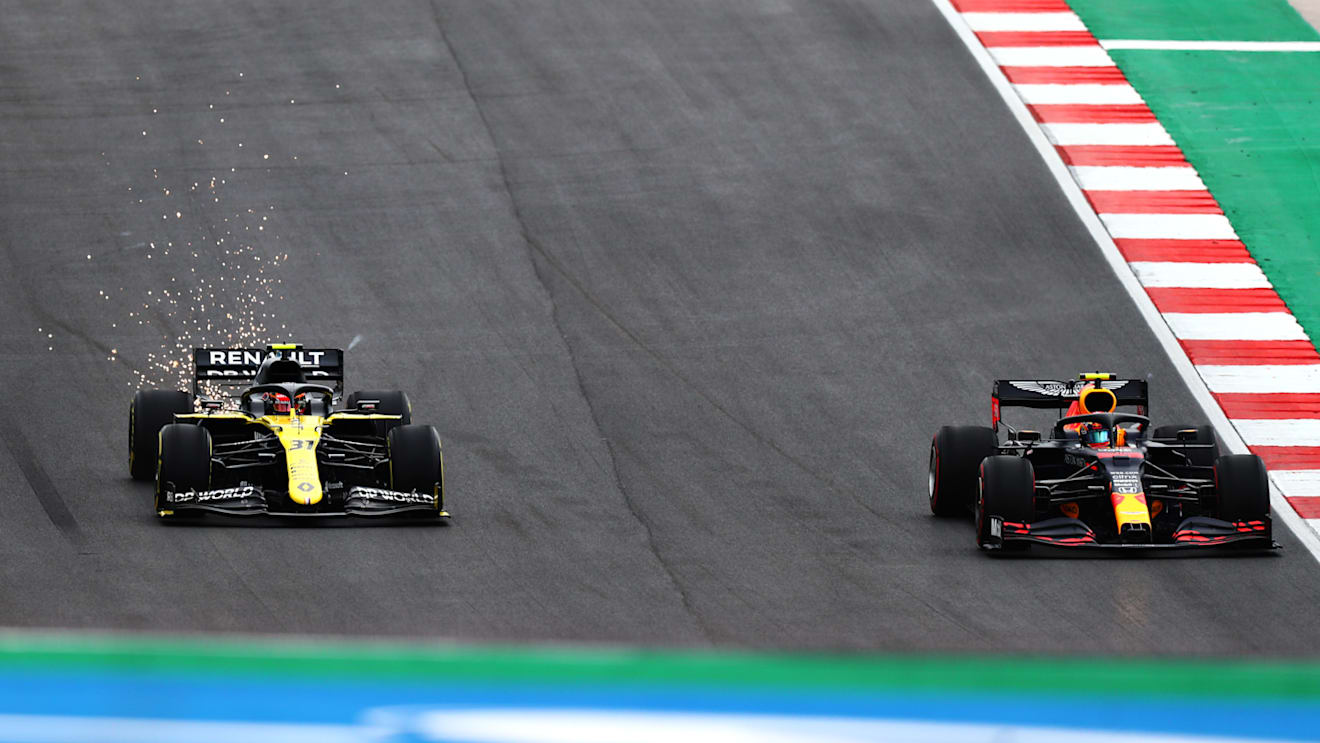 PORTIMAO, PORTUGAL - OCTOBER 25: Alexander Albon of Thailand driving the (23) Aston Martin Red Bull Racing RB16 leads Esteban Ocon of France driving the (31) Renault Sport Formula One Team RS20 during the F1 Grand Prix of Portugal at Autodromo Internacional do Algarve on October 25, 2020 in Portimao, Portugal. (Photo by Dan Istitene - Formula 1/Formula 1 via Getty Images)