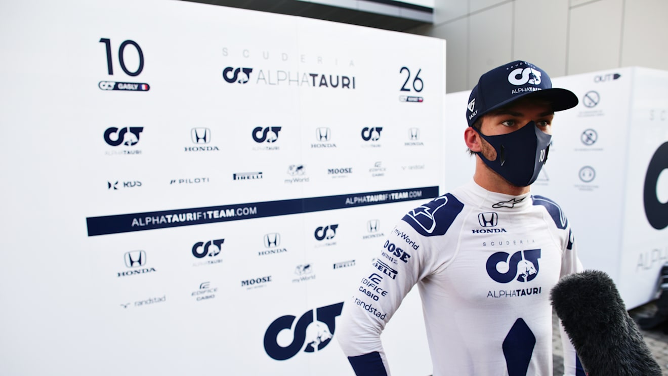 SOCHI, RUSSIA - SEPTEMBER 25: Pierre Gasly of France and Scuderia AlphaTauri talks to the media after practice ahead of the F1 Grand Prix of Russia at Sochi Autodrom on September 25, 2020 in Sochi, Russia. (Photo by Peter Fox/Getty Images)